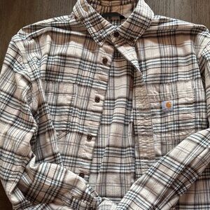 Carhartt Men’s Cream and Brown Plaid Button-Down Shirt